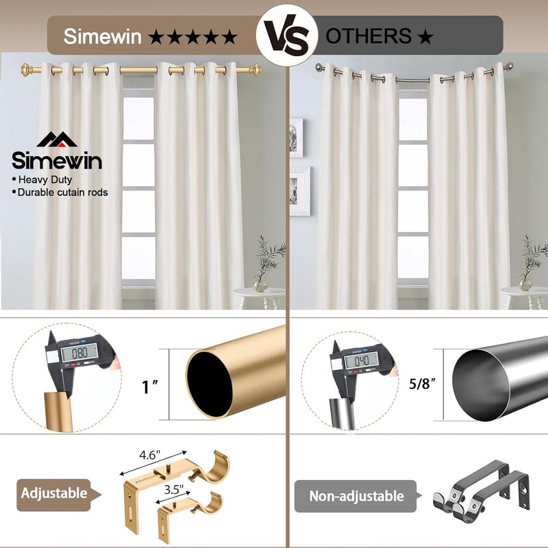 SIMEWIN Heavy Duty Curtain Rods for Windows 72 to 144 Inches, 1 Inch Gold Curtain Rod for Bedroom, Living Room, Patio, Kitchen, Adjustable Curtains Rods with Classic Finials, Gold Finishing - Image 4